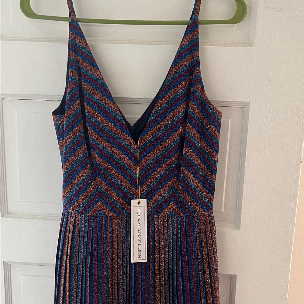 NWT Dress the Population Haley Metallic Stripe V-neck Cocktail Dress - Picture 16 of 16
